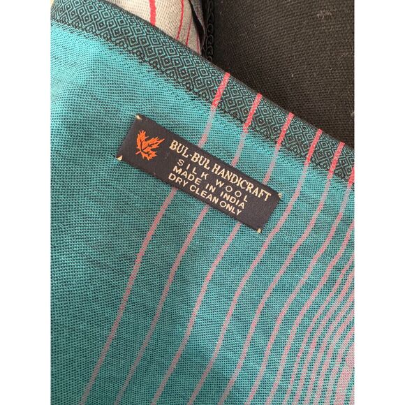 Bulbul Handicraft Silk Wool Blend Scarf from India Teal Red Striped Fringe Wrap - Picture 5 of 5